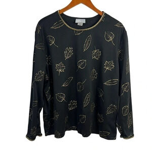Blair Black Gold Glitter Leaf Leaves Pattern Blouse Plus Size 2X Dressy Holiday